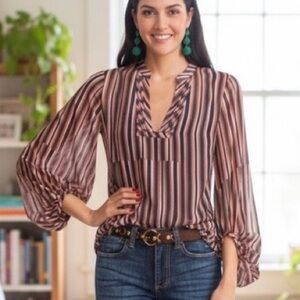 CAbi long sleeved, v-neck, striped sheer pullover‎ blouse. Navy, red, green.